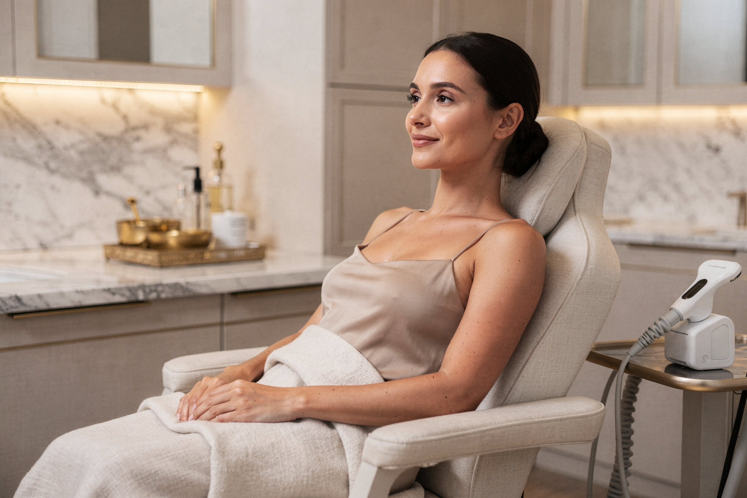 Woman relaxing in treatment chair during laser skin resurfacing consultation in upscale clinic